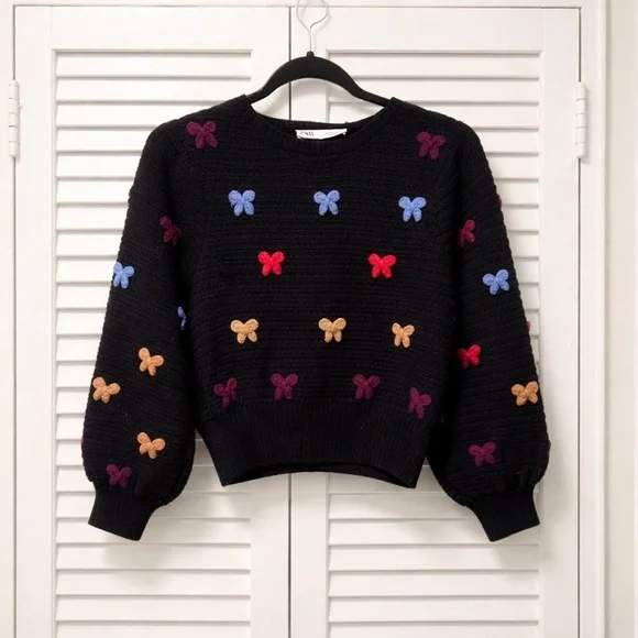 ZARA 🎀 NWT Puff Sleeve Chunky Knit Bow Sweater - Picture 1 of 6